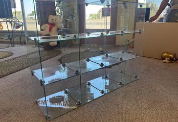 Vintage Glass Display Shelf Unit with Metal Brackets