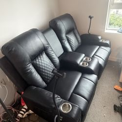 Luxury Leather Recliner Theatre Chair Set With USB Ports + Phone Holders 