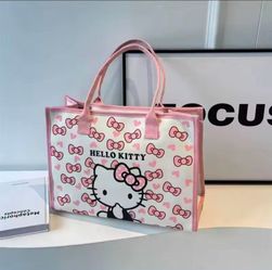 Sanrio Off-white Hello Kitty with Pink Bows & Hearts Canvas Tote Bag Handbag. Comes with  Pom-pom  Keychain - Mother's day Gift 🎄👜✨️🎀