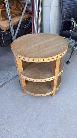 2-Round Washed Oak 3-Tier Side Table with Studded Detail