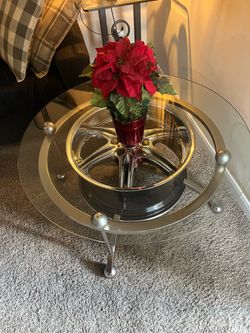 Custom Car rim coffee table and 2 end tables.