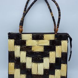 Vtg Handmade Coconut Shell Woven Patchwork Handbag Purse w/ Beaded Handles