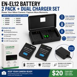 Nikon EN-EL12 2-Pack Batteries & Dual Charger Set — $20