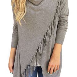 Women's Tassel Hem Open Front Knitwear Cardigan Sweater Coat Gray Small