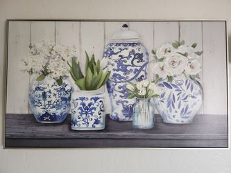 Large Classic Hamptons Ginger Jar Canvas Art in elegant silver wood frame