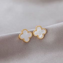 14k Gold Plated White Clover Stud Earrings 