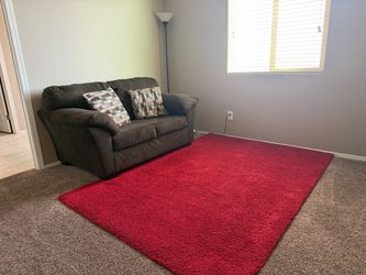 Ashley Brown love seat with Red Shag Area Rug