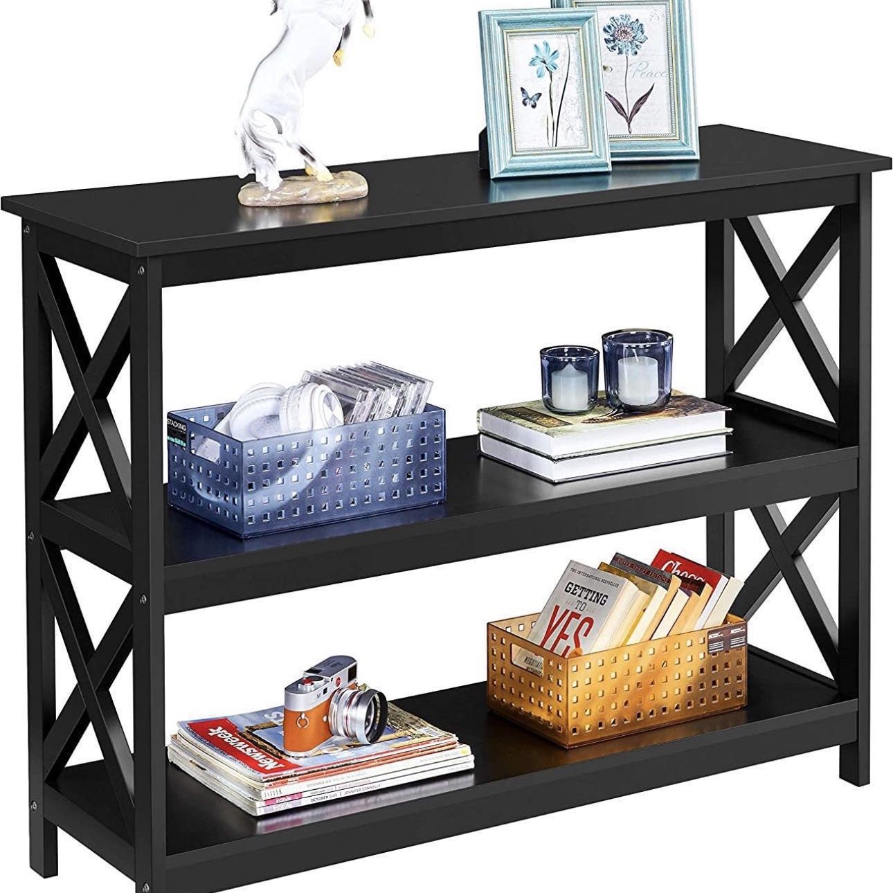 3-Tier Console Table with Storage Shelves, Entryway Table Sofa Side Narrow Long Table Bookshelf for Hallway Living Room, Accent Furniture, Black 61104