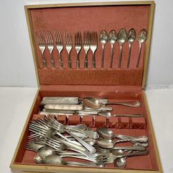 Vintage Silverplate Flatware Set 54 Pieces Mixed Patterns w Wooden Box
