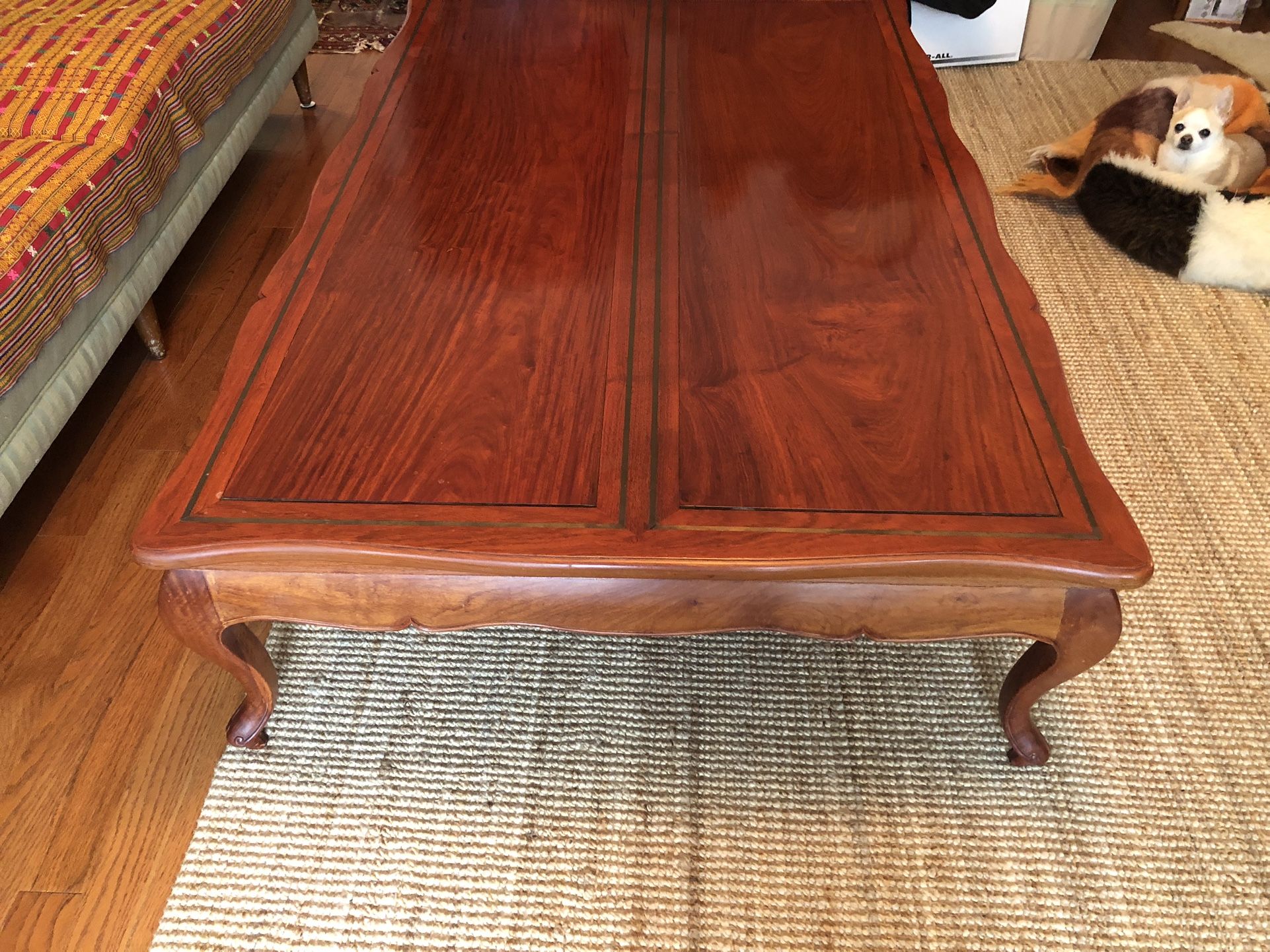 Large Solid Rosewood Asian French Provincial Coffee Table Brass Inlay Vintage Wood