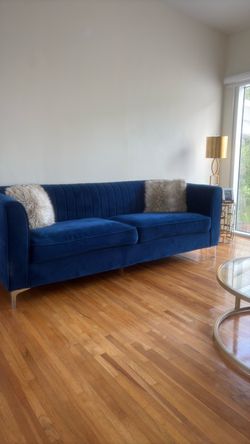Blue Velvet Channel Tufted Sofa
