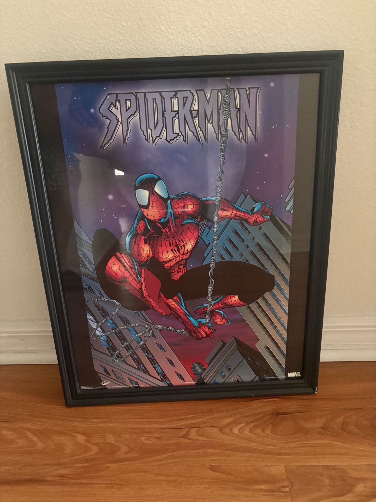 Framed Spider-Man picture: 22” tall, 17.75” wide. Perfect condition.