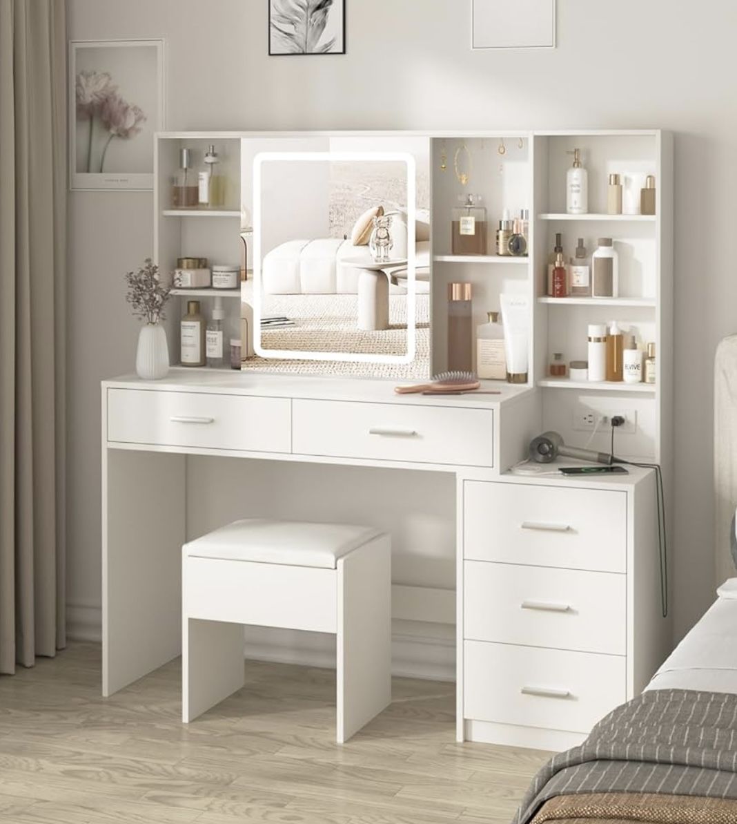 Makeup Vanity With Lights And Sliding Mirror New Assembled With Stool