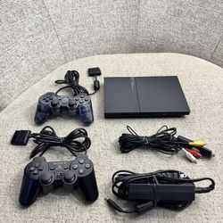 Sony PlayStation 2 Slim SCPH-75001 W/ 2 Controllers And Cables Tested