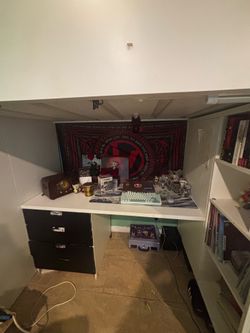 White loft bed with 4 cabinets one closet and shelves