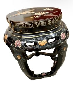 Antique Early 20th Century Chinese Lacquered Drum Table With Mother-of-Pearl Inlay