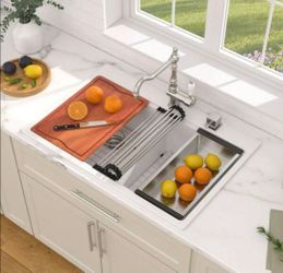 33" 50/50 Split Double Bowl White Kitchen Sink, Granite Composite Drop-In Workstation Sink with Accessories