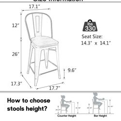 Metal Bar Stools Set of 4,26 inch Barstools Counter Height Bar Stools with Backs Farmhouse Bar Stools with Larger seat High Back Kitchen Dining Chairs