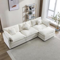 112” Beige Chenille L-Shape Upholstered Sofa with Ottoman & Pillows [NEW]