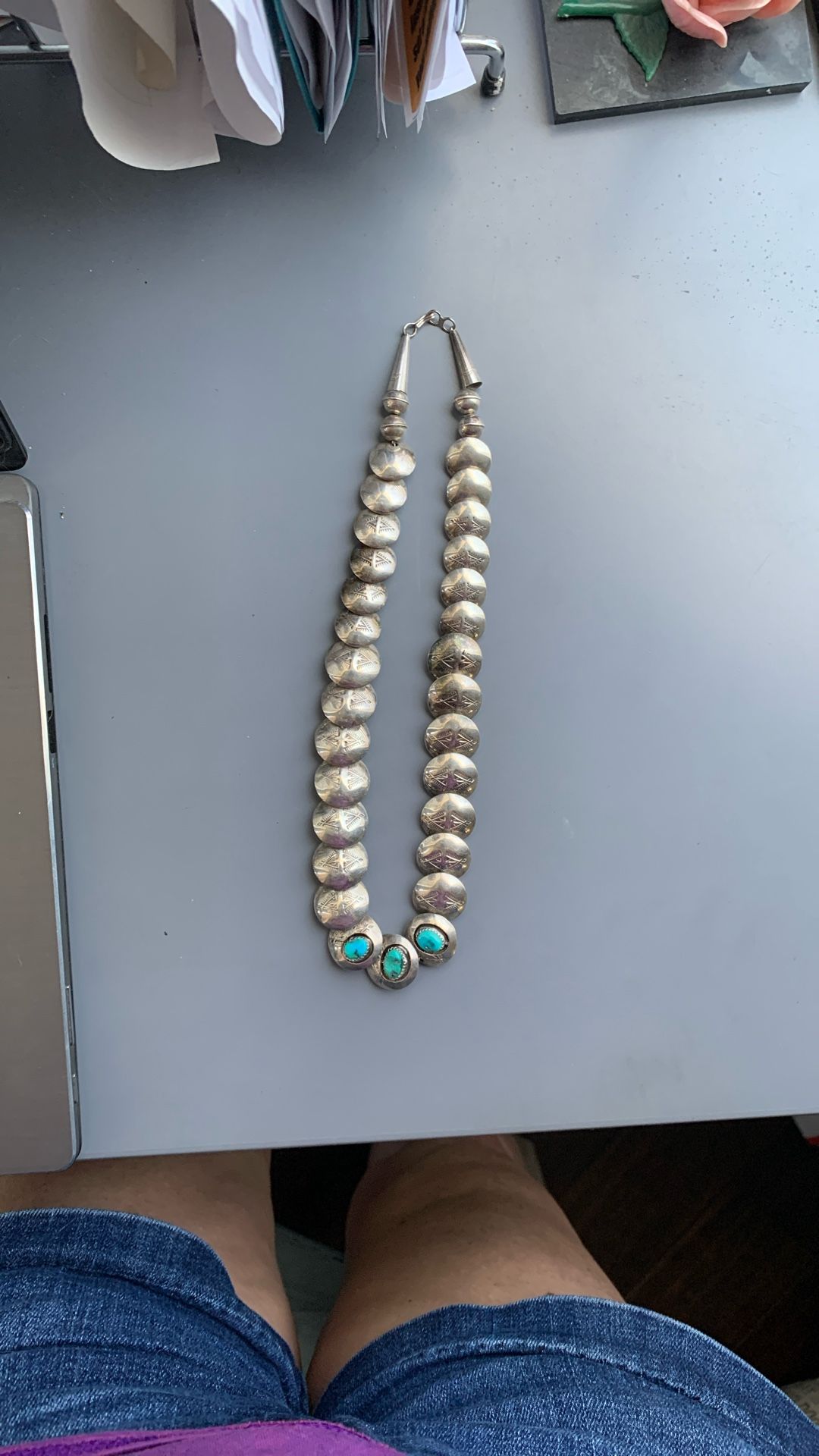 Vtg. Navajo Sterling Silver Necklace 18” Signed EDE