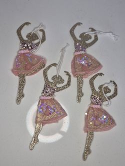 Christmas Ballerina Ornaments Lot of 4 Gold Glitter Pink Tulle Tutu EUC