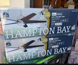 Hampton Bay Mena 54 in. White Color Changing Integrated LED Indoor/Outdoor Brushed Nickel Ceiling Fan with Light Kit and Remote $110 EACH BRAND NEW FI