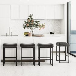 24" Square Saddle Bar stools Set of 3, Modern Backless Faux Leather Counter Stools for Kitchen Island Counter, Home Bar, Black