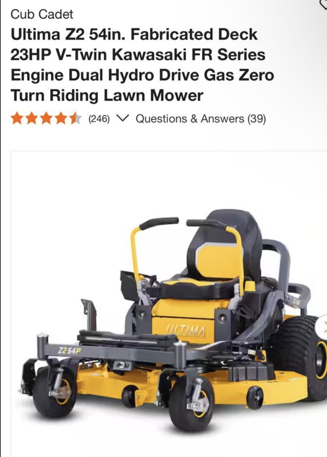 Cud Cadet Ultima Z2 54in. Fabricated Deck 23HP V-Twin Kawasaki FR Series Engine Dual Hydro Drive Gas Zero Turn Riding Lawn Mower like new