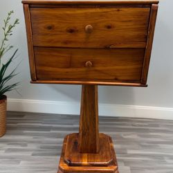 Vintage Handcrafted Wood Pedestal Side Table with Two Drawers