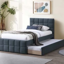 Full Twin Grey Frenchi Trundle Bed With Ortho Mattress Included!!