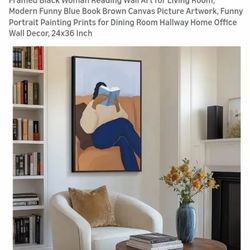 Framed Black Woman Reading Wall Art for Living Room, Modern Funny Blue Book Brown Canvas Picture Artwork, Portrait Painting Prints for Dining Room Hal