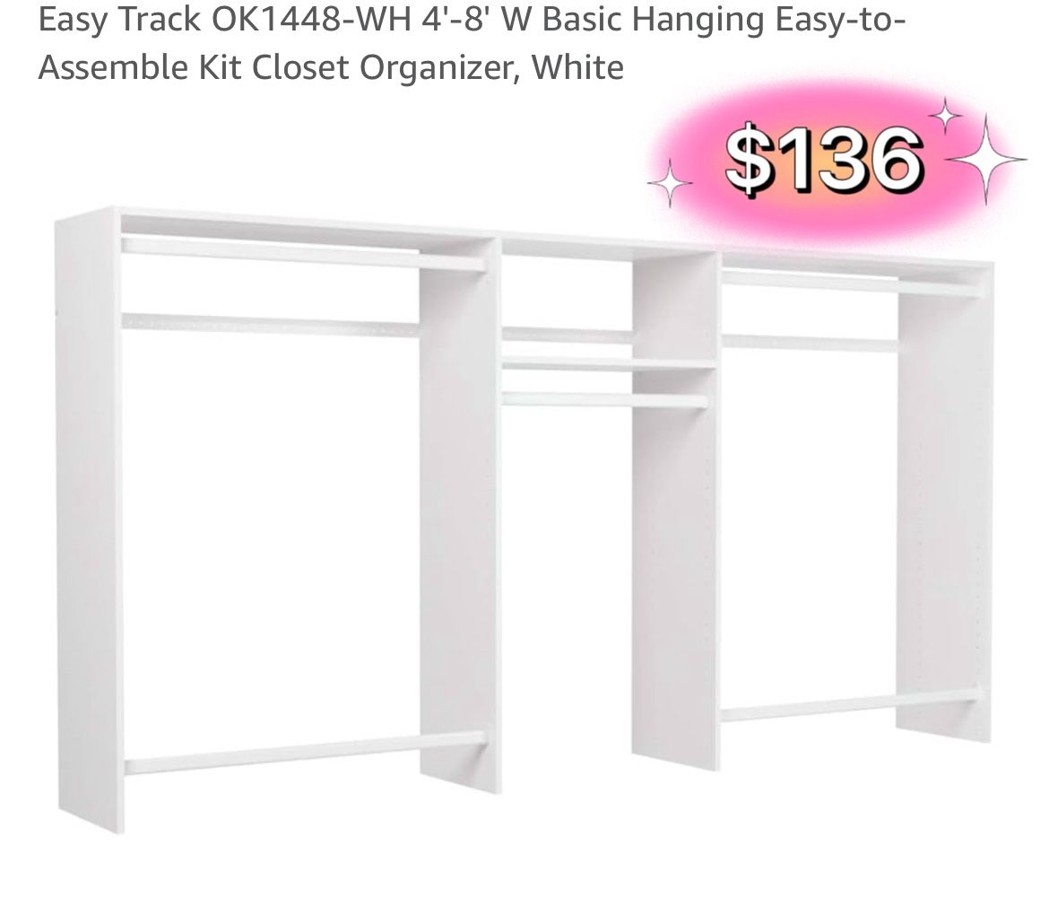 Easy Track OK1448-WH 4'-8' W Basic Hanging Easy-to-Assemble Kit Closet Organizer, White