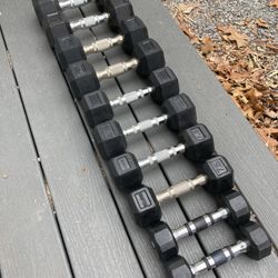 5 Pairs Of Rubber Hex Dumbbells - 5’s, 7.5’s, 10’s, 12.5’s And 15’s