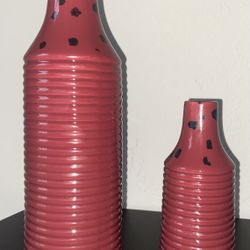 2. NEW, Dark Pink Ribbed with Black Spots , Ceramic Vases / 14 -1/4 And 8-1/4