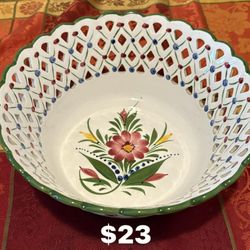 Vintage Portugal Hand Painted Open Lace Ceramic Bowl 10” X 4” Floral Pattern
