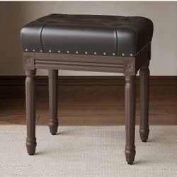 Vanity Stool, 19" Ottoman Bench for Bedroom, Tufted Vanity Chair for Makeup Room, Faux Leather Ottoman Stool with Vintage Wooden Frame, Small Bench fo