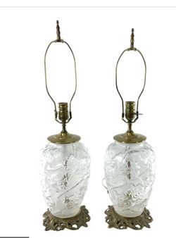 Pair of frosted Art Deco frosted glass lamps on brass base