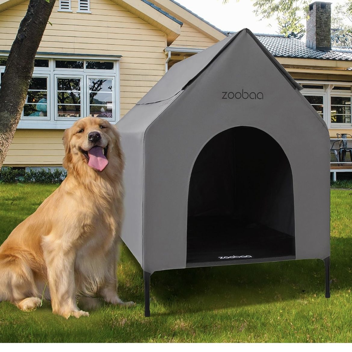 50'' 2-in-1 X-Large Dog House, Dog House for Large Dog Indoor or Outside, Weatherproof 600D PVC Dog House Outdoor, Featuring Breathable 2x1 Textilene 