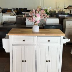 Rolling Kitchen Island Cart on Wheels with Rubber Wood Top Spice Rack Towel Rack and Drawers for Dining Room (White) 💰130$