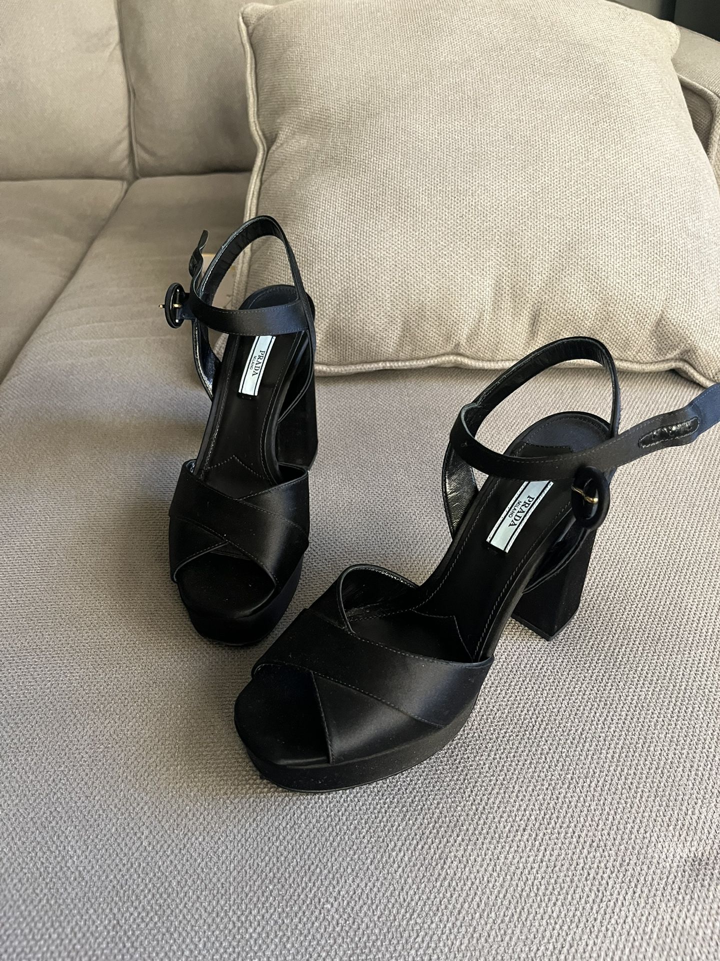 Prada Satin Crossover Peep Toe Platform Heels AUTHENTIC Size 40