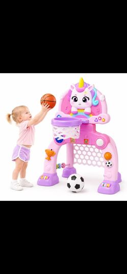 Beefunni 2-in-1 Basketball Hoop Set with Soccer Goal, Music Lights, Adjustable Height and Activity Toys, Unicorn Theme Indoor Outdoor Sports Play Toy 