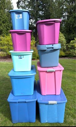 Lot of 9 Plastic Storage Totes Moving Boxes with Lids