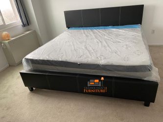 Brand New King Size Black Leather Platform Bed Frame +Pillowtop Mattress