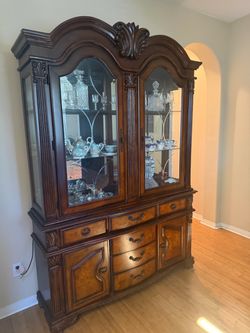 Large Wood China Cabinet with Glass Doors
