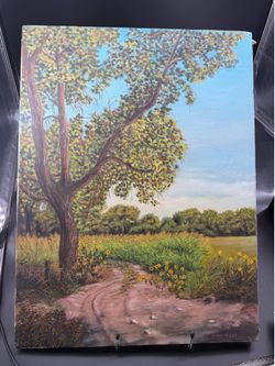 Landscape Oil Painting of Lush Field of Flowers and Trees