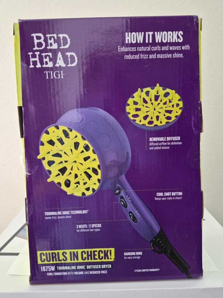 Brand New Bed Head Curls In Check 1875 Tourmaline Ionic Diffuser Hair Dryer
