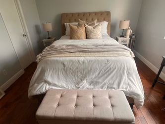 Tufted Upholstered Queen Bed Frame w/ Headboard, Beige Solid Modern
