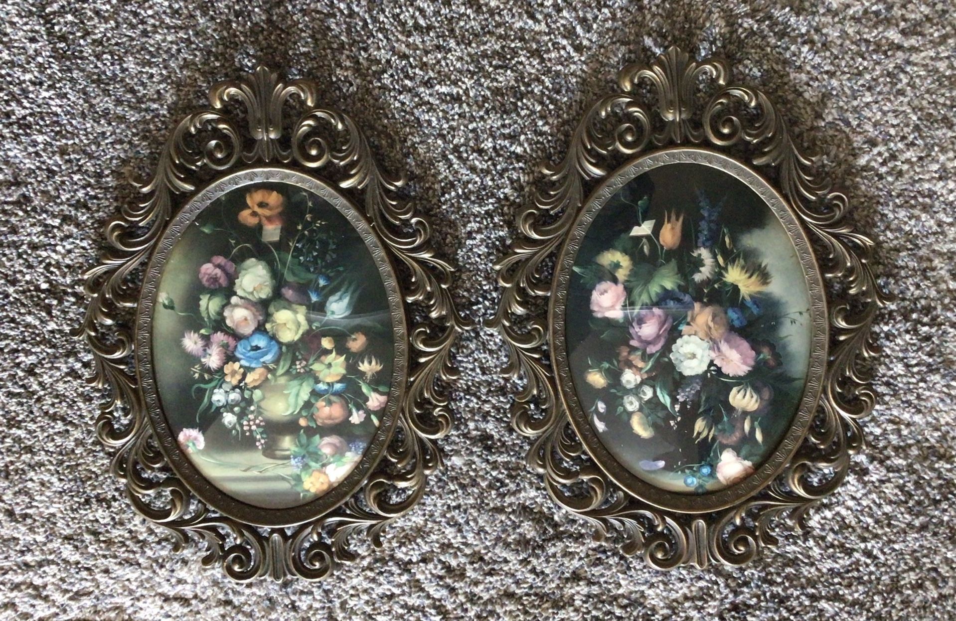 Vintage Oval Brass Framed Bubble Glass Floral Pictures…$45 each
