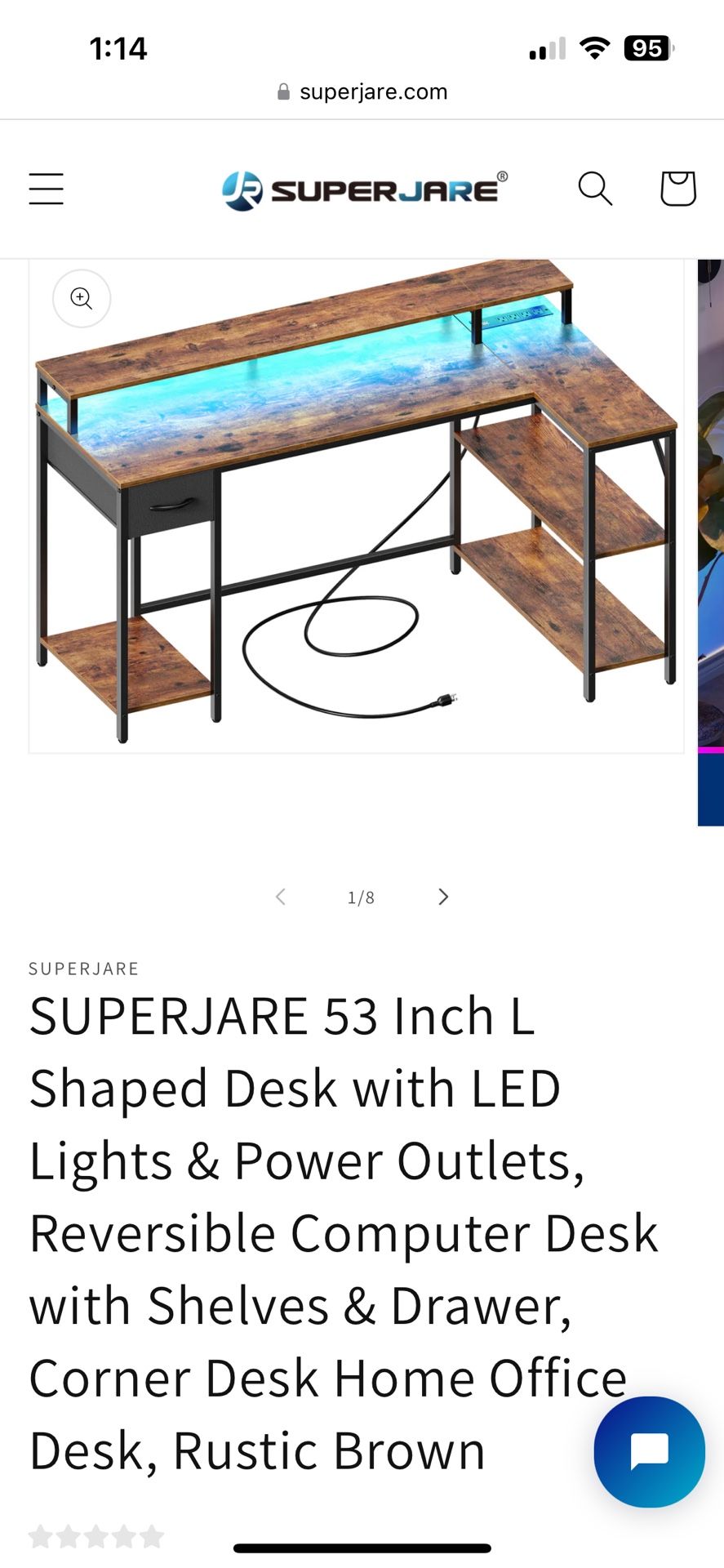 SUPERJARE 53 Inch L Shaped Desk with LED Lights & Power Outlets, Reversible Computer Desk with Shelves & Drawer, Corner Desk Home Office Desk, Rustic