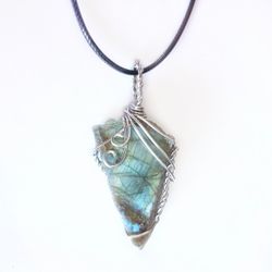 Labradorite wire wrapped crystal pendant on 20" black cord necklace handmade new